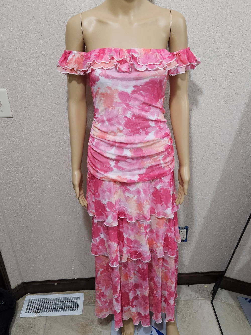 Pink Floral Off-Shoulder Ruffled Maxi Dress